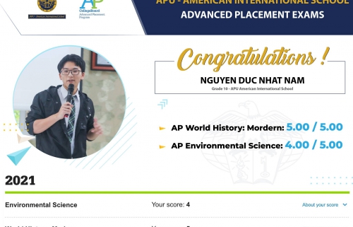 CONGRATULATIONS TO NGUYEN DUC NHAT NAM ON ACHIEVING THE EXCELLENT RESULT IN AP EXAMS AND SUMMER SEMESTER